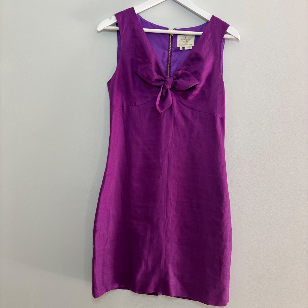 Kate Spade Shift Dress Women 6 Purple V-neck Bow 100% Linen Elegant Office Bold